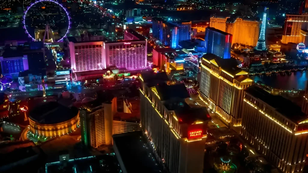Las Vegas Strip at night with vibrant neon lights, bustling streets, and iconic casinos, featuring a subtle silhouette of a Glitter Gulch window washer.